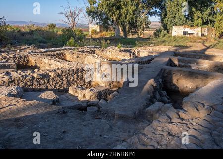 Blick auf die Ruinen von Bethsaida, auch bekannt als Julias, ein Ort, der im Neuen Testament erwähnt wird und der Heimat des heiligen Petrus war, der sich an der östlichen Seite des Sees von Galilee in Israel befindet. Stockfoto