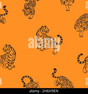 Nahtloses Muster mit grafischen Tigern. Schwarze und orangefarbene Raubkatzen. Vector Print für Stoff, Kleidung, Geschenkpapier, Tapete, Textil Stock Vektor