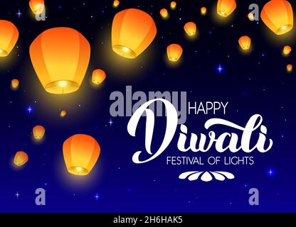 Happy Diwali - Vektor handgeschriebene Beschriftung. Moderne Kalligraphie im Nachthintergrund mit Flying Sky Laternen. Horizontale Illustration für Ihr Poster, Postkarte, Einladung oder Grußkarten-Design. Vektorgrafik. Stock Vektor