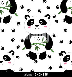 Nahtloses Muster mit niedlichem Panda, Fußabdruck auf weißem Hintergrund. Lustige asiatische Tiere. Karte, Postkarten für Kinder. Flache Vektorgrafik für Stoff Stock Vektor