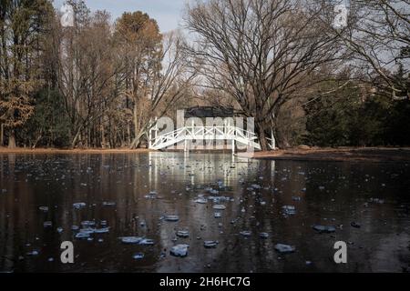 Gefrorener See, Eisstücke, braune Bäume und weiße Holzbrücke in der Spätherbstlandschaft in einem Park Stockfoto