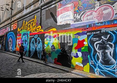 Street Art an den Wänden von Gebäuden in Hosier Lane, Melbourne, Victoria, Australien Stockfoto