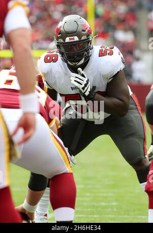 14. Nov 2021; Landover, MD USA; Tampa Bay Buccaneers defensive Tackle Rakeem Nunez-Roches (56) während eines NFL-Spiels auf dem FedEx Field. Der Washington Foot Stockfoto