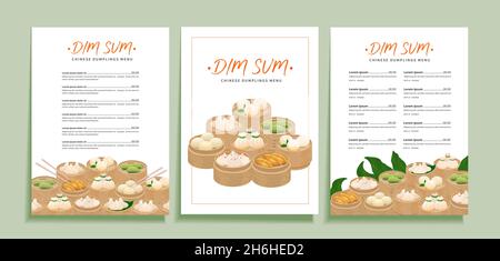 Dim Sum Dumplings Menüvorlage für chinesisches Restaurant. Vektor-Design von Menü-Layout mit Illustrationen von asiatischen traditionellen Knödel Stock Vektor