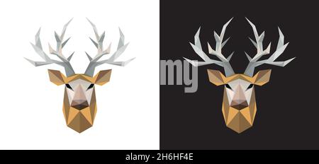 Cervus Deer Head Low-Poly-Effekt auf schwarzem und weißem Hintergrund im Vektorformat Stock Vektor