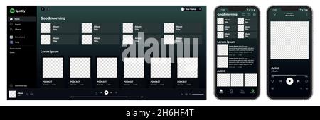 Spotify Musik-Streaming-Service, Webseite und Telefonseitenvorlage im Vektorformat Stock Vektor