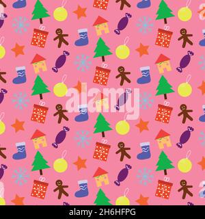 Weihnachtshintergrund mit Weihnachtsbäumen und -Bällen, Sternen, Lebkuchenkuchen, Geschenken, Schneeflocken, Bonbons, Weihnachtsstrümpfe und dekorierte Hous Stock Vektor