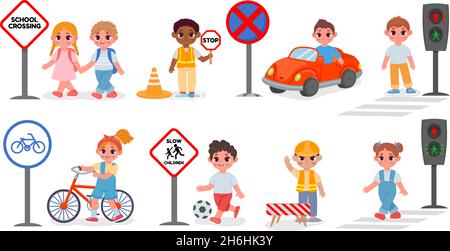 Straßensicherheit, Schilder und Straßenregeln für Schulkinder. Ampelkreuzung für Stopp und Stopp. Kinderfahrrad und Auto. Cartoon Straße Bildung Vektor-Set Stock Vektor