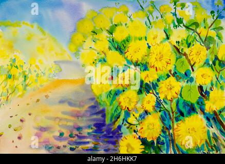 Aquarell Landschaft original Gemälde bunt der mexikanischen Sonnenblume und Emotionen in Himmel Berg Hintergrund Stockfoto