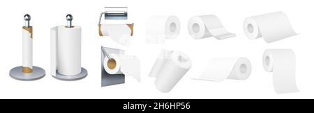 Realistisches Toilettenpapier und Küchentücher Rollen Metallhalter. 3D Servietten für Hygienebäder. Leeres braunes Röhrchen. Tissue rollt auf Kleiderbügel Vektorset Stock Vektor