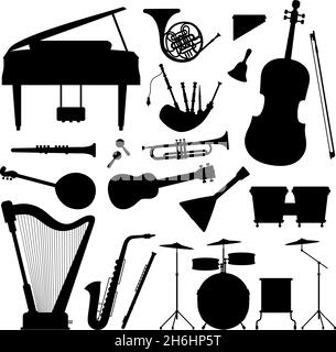 Silhouetten von Orchester der klassischen Musik, Jazz- und Volksinstrumenten. Klavier, Gitarre, Horn, Cello und Saxophon. Vektor für schwarzes Musiksymbol eingestellt Stock Vektor