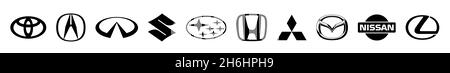 Kiew, Ukraine - 15. November 2020: Sammlung japanischer Auto-Logos auf weißem Papier gedruckt: Mazda, Honda, Mitsubishi, Toyota, Nissan, Subaru, Suzuki Stockfoto