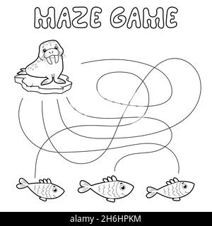 Maze Puzzle-Spiel für Kinder. Skizzieren Sie Labyrinth oder Labyrinth. Finden Sie Pfad Spiel mit Walross. Vektorgrafiken Stock Vektor