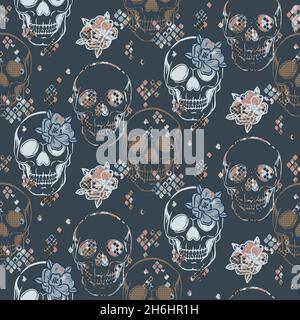 Totenkopf-Muster mit Blumen und Schlangenhaut-Textur. Nahtloser, floraler Boho-Hintergrund für textilen Druck. Stock Vektor