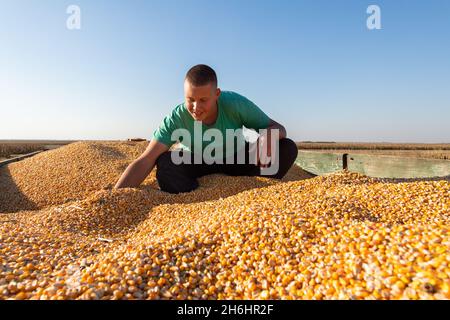 Portrait männlicher Bauer mit Mais, lächelnder Mann bei der Ernte Stockfoto