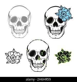 Totenkopf-Umriss im floralen Dessin. Boho Tattoo Totenkopf Illustration mit Blumen Design-Elementen. Stock Vektor