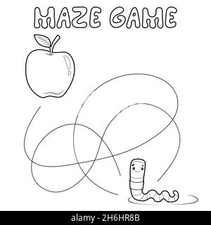 Maze Puzzle-Spiel für Kinder. Skizzieren Sie Labyrinth oder Labyrinth. Finden Sie Pfad Spiel mit Wurm. Vektorgrafiken Stock Vektor