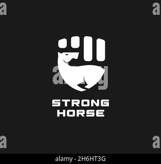 Starkes Pferd oder Pferd Macht Logo Design, Basis aus Pferd und Hand Symbol Stock Vektor