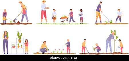 Cartoon Erwachsene und Kinder Pflanzen Bäume und arbeiten auf dem Bauernhof. Familie wachsen Pflanze und Blume im Garten. Menschen ernten Gemüse Vektor-Set Stock Vektor