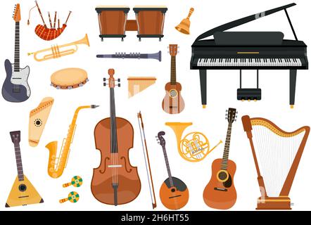 Cartoon klassische Musikinstrumente, Klavier, Posaune und Harfe. Folk Orchester Ausrüstung, Tamburin, Pfeifen, Ukulele und Gitarre Vektor-Set Stock Vektor