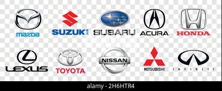 Kiew, Ukraine - 11. November 2021: Sammlung japanischer Auto-Logos auf weißem Papier gedruckt: Mazda, Honda, Mitsubishi, Toyota, Nissan, Subaru, Suzuki Stock Vektor