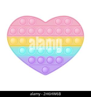 POPIT Figur Heart als modisches Silikonspielzeug für Fidgets. Süchtig machendes Anti-Stress-Spielzeug in Pastell-Regenbogenfarben. Blasenangst Entwicklung Pop it Spielzeug Stock Vektor