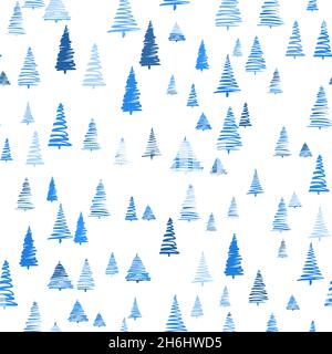 Einfache minimalistische weihnachtsbäume auf weißem nahtlosem Muster. Skizzenzeichnung Blautanne für Textil, Geschenkpapier, Neujahrs- und Weihnachtskarten, Wand A Stock Vektor