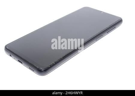 Smartphone isoliert auf weißem Hintergrund mit selektivem Fokus Stockfoto