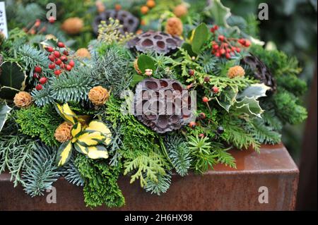 Weihnachtsdekoration im Garten. Weihnachtskranz aus verschiedenen Nadelbäumen Stockfoto