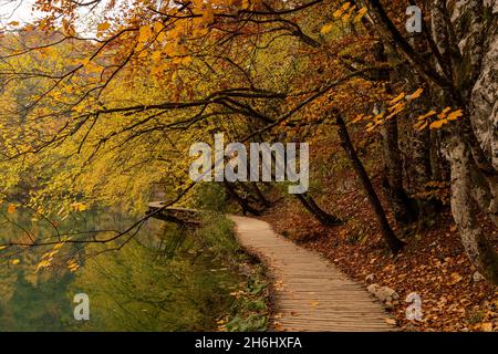 Eine rustikale Holzpromenade, die entlang des Ufers eines malerischen Bergsees mit Bäumen und Laub in intensiven Herbstfarben führt Stockfoto