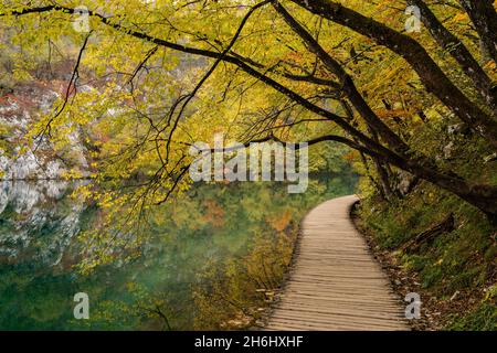 Eine rustikale Holzpromenade, die entlang des Ufers eines malerischen Bergsees mit Bäumen und Laub in intensiven Herbstfarben führt Stockfoto