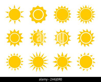 Sun Icons Kollektion. Set im flachen Design der Sommersonnen. Vektorgrafik Stock Vektor