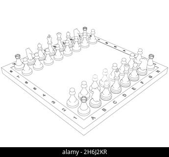Kontur von Schachfiguren auf einem Schachbrett aus schwarzen, auf weißem Hintergrund isolierten Linien. Isometrische Ansicht. 3D. Vektorgrafik Stock Vektor