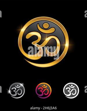 Ein Vektor-Zeichensatz mit goldenem Kreis um Om Ohm-Symbol Stock Vektor
