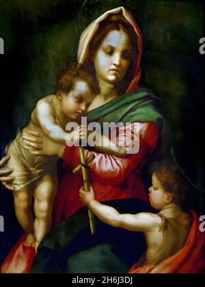 Madonna della tenda - Unsere Liebe Frau vom Zelt 1525-1550 Pittore Centro Italiano Da Rafaello Sanzio - Mittelitalienischer Maler an der Stelle von Rafaello Sanzio Stockfoto