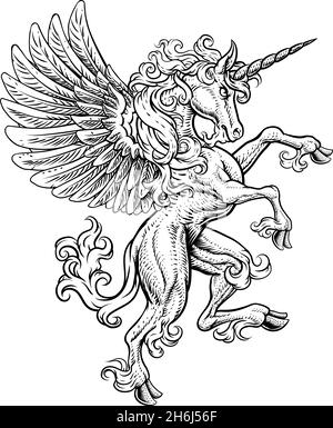 Pegasus Einhorn Aufzucht Grassierende Crest Wings Horse Stock Vektor