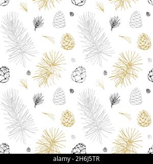 Handgezeichnetes Weihnachts- und Neujahrsmuster mit goldenen Zapfen und Kiefernzweigen. Vektorgrafik im Skizzenstil Stock Vektor