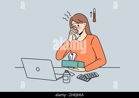 Gefühl von Fieber und Krankheit Konzept. Junge Frau Arbeiter Zeichentrickfigur sitzt im Büro am Laptop mit hohen Temperaturen und krank Vektor-Illustration Stock Vektor