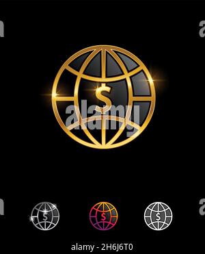 Ein Vektor-Illustration-Set von Golden Globe mit Dollar Money Vector Sign in schwarzem Hintergrund mit Gold Glanz-Effekt Stock Vektor