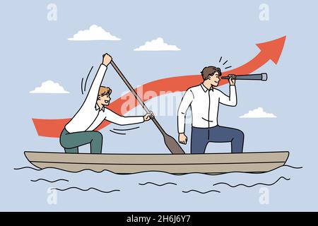 Geschäftsstrategie und Teamwork-Konzept. Junge Geschäftsleute sitzen zusammen im Boot mit gemeinsamen Richtung und Blick nach vorne Vektor-Illustration Stock Vektor