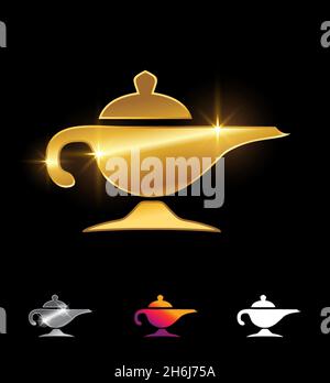 Ein Vektor-Illustration-Set von Golden Magic Lamp Vector Sign auf schwarzem Hintergrund mit Gold-Glanz-Effekt für Luxus und Royal Golden Magic Lamp Vector Si Stock Vektor