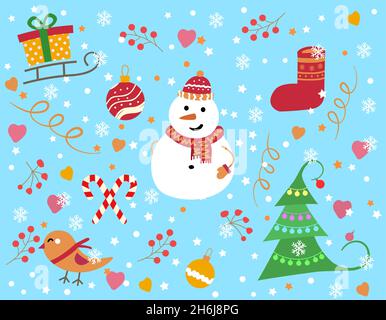 Wintermuster mit Schneeflocken und Schneemännern. Vektor Nahtlos Stock Vektor