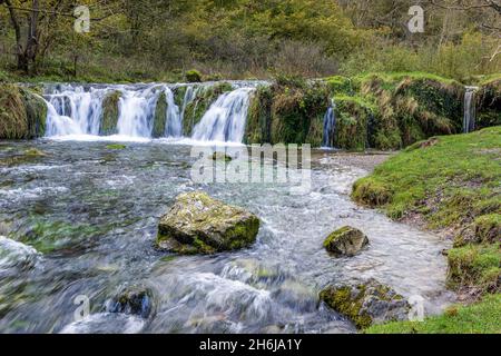 Tufa Dam oder Wehr ist ein malerischer Wasserfall über Kalksteinfelsen, River Lathkill, Lathkill Dale, Peak District National Park, Derbyshire, England. Stockfoto