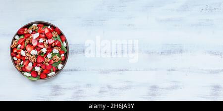 Banner-Flatlay eines Tellers mit hausgemachtem frischen Salat aus Babyspinatblättern, geschnittenen Erdbeeren, Walnüssen, Feta-Käse und einem leichten Vinaigrette-Dressing Stockfoto