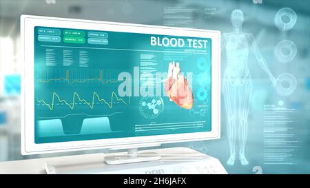 Bluttest - Frauen Gesundheit Zusammensetzung mit digitalen Überlagerungen. Industrielle 3D-Illustration Stockfoto