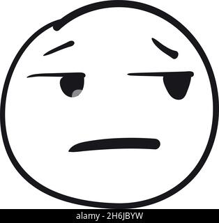 Doodle Unamused Emoji. Schwarze Linie Gesichtskunst, Vektor-Illustration isoliert auf weißem Hintergrund Stock Vektor