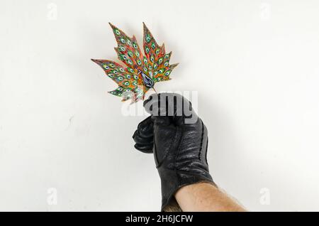 Bemalter Pfau auf einem gefallenen Blatt. Eine Hand in einem schwarzen Lederhandschuh hält ein Blatt mit einer schönen Zeichnung des schönen Vogels. In Innenräumen. Selektiver Fokus Stockfoto