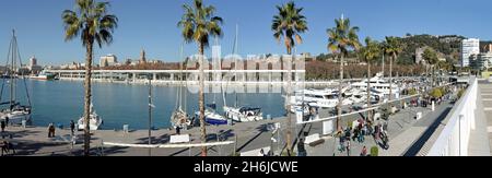 MALAGA, SPANIEN - 17. Jan 2019: Malaga, Spanien: Muelle One and Two, der wunderschön restaurierte zentrale Hafen, liegt im Zentrum der Stadt auf einem hellen Winz Stockfoto