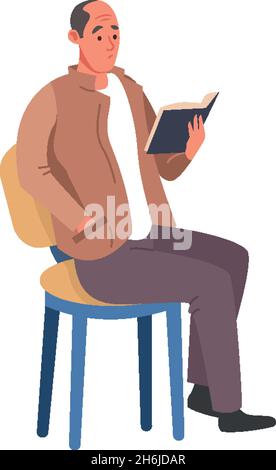 Mann, der liest, sitzt auf einem Stuhl. Menschen mit Buch, Vektorgrafik isoliert auf weißem Hintergrund Stock Vektor
