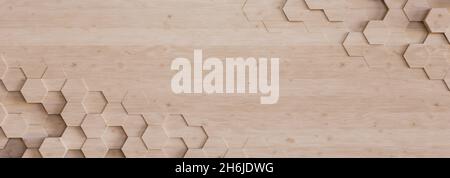 Abstrakter heller Hintergrund mit Sechsecken. Imitation von Holz oder Sperrholz. 3D Abbildung. Stockfoto